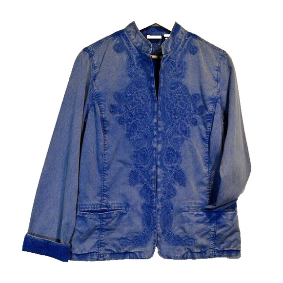 Chicos Embroidered Jacket Womens Size 1 (US Small/8) Steel Blue Cotton - Picture 1 of 12